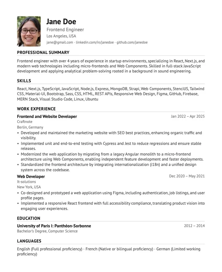 Example resume with a photo, built with ExportMyResume