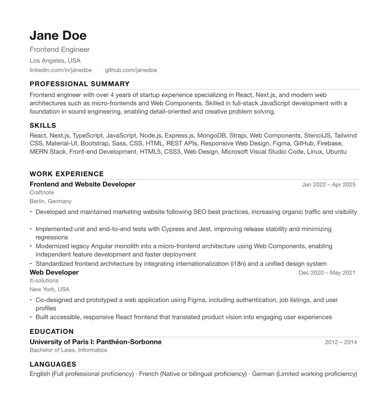 Jane Doe’s finished resume, exported from her LinkedIn profile